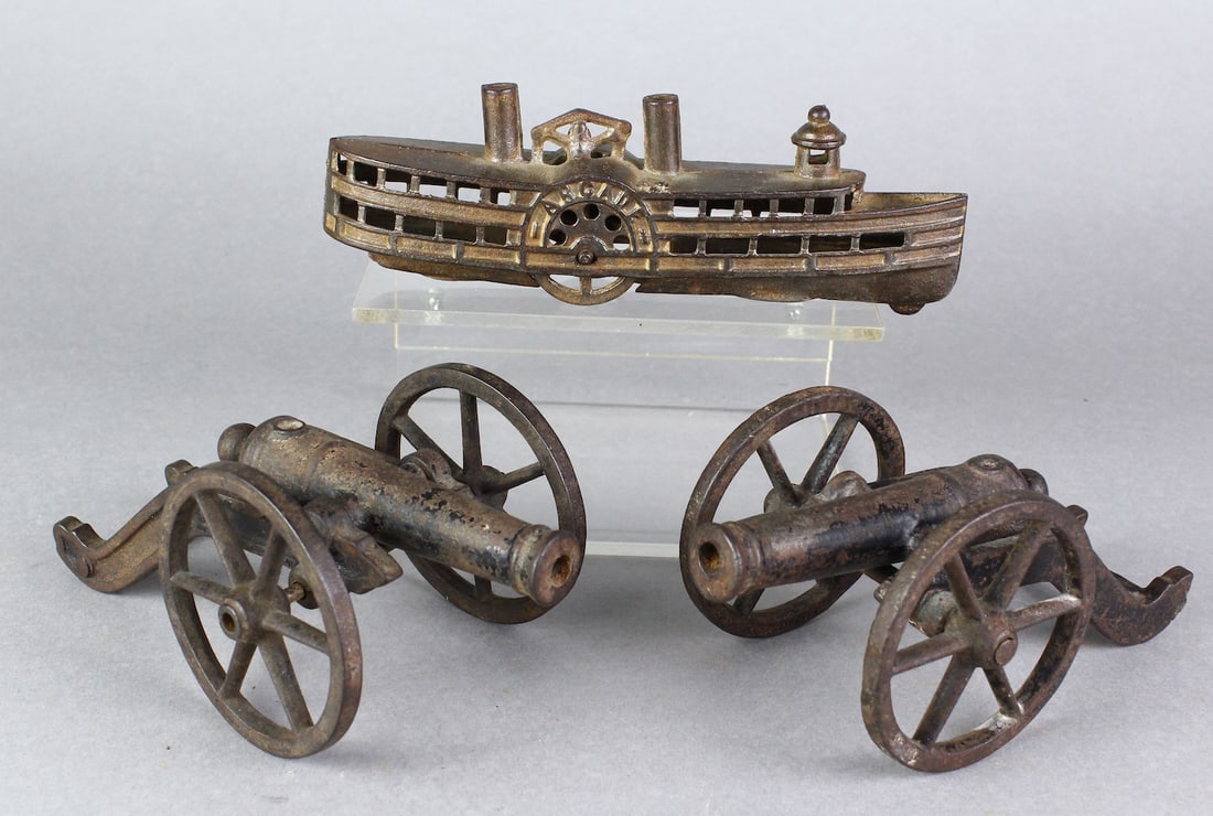 Arcade River Boat Bank & 2 Cast Iron Charge Cannons (1 of 2)