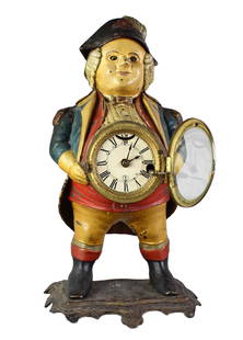 Cast Iron Continental Soldier Clock: Cast Iron Blinking Eye Soldier Clock. Working wind up when tested. Continental Soldier cast iron antique clock with key, 16 inches tall. Bottom unmarked.