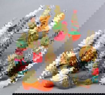 Celluloid Rabbit Collection: Celluloid/viscaloid Rabbit Collection including bunny in shoe car. 19 Bunny rabbits in various poses and shoes. Tallest 8 inches!