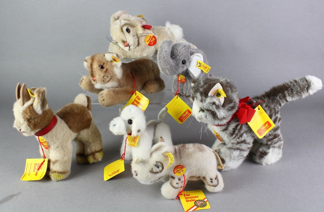 Steiff Animals Mint with Tags: Steiff Animals. Seven beautiful condition with all the tags recent vintage animals- Floppy, Jumbo, Sissi, Nosy, Whitey, Zicki, and the lion cub.