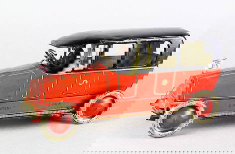 Lehmann Tin Terra Limousine with Driver: Lehmann German Tin Terra Limousine with Driver. Working wind up, 9 inches. Some play wear and scratches. Fine looking limousine. Flag replaced.