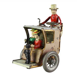 Lehmann German Tin Li-La Hansom Cab: Lehmann 520 LiLa Hansom Cab Auto. Sisters sit in front, humorous action with one of the sister's parasol opening and hitting the roof (which goes up) while the dog moves and the cab rolls forward. Exc