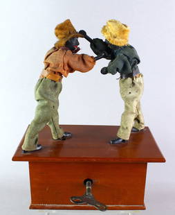Ives Boxers Clockwork Toy Pugilists Outstanding: c.1880s Ives Boxers Clockwork Toy. Ives Pugilists- two African American men box realistically with punching and jabbing. Wonderful working complex clockwork mechanism runs smoothly. Clothes are origin