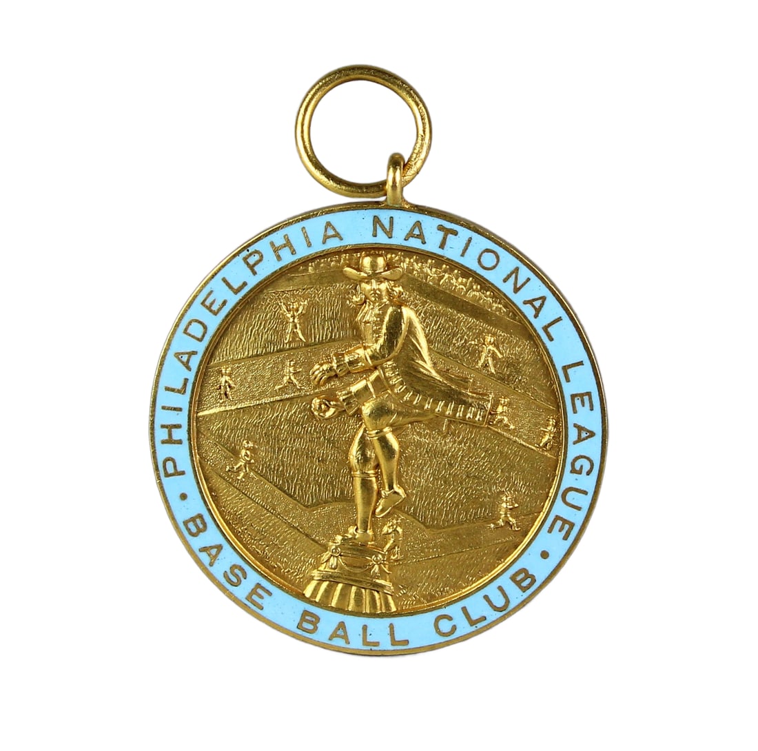 1925 Philadelphia Baseball Club Season Pass Pristine: 1925 Philadelphia National League Baseball Club Season Pass Made by J.E. Caldwell. Engraved - National League P.B.B., Golden Jubilee, 1925, Admit S.W. Grauley, #100. Finely detailed with bright enamel