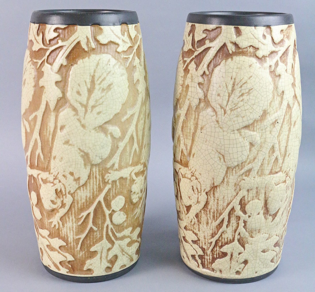 Weller Knifewood Vase Pair: Weller Knifewood Vase Pair 12 inches crazing