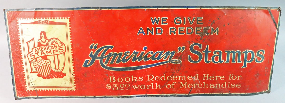 American Stamps Tin Litho Advertising Sign 1930s: American Stamps Tin Litho Advertising Sign 1930s 28 x 10