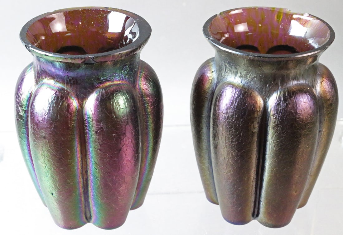 Wilhelm Kralik Art Glass Vase Pair Loetz: Wilhelm Kralik Art Glass Vase Pair Jugenstil 4 inches small rim chips