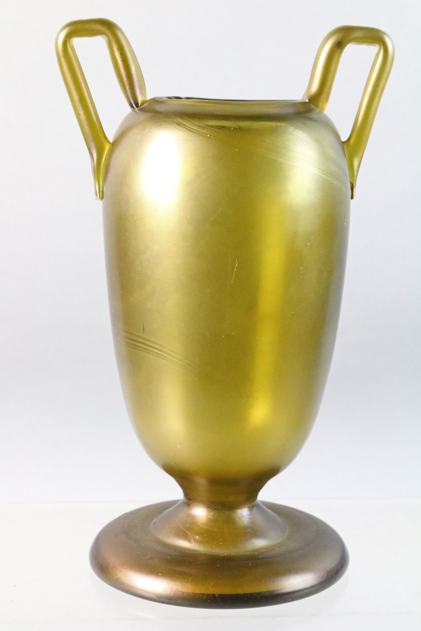 Loetz Two Handled Art Glass Vase: Loetz Two Handled Art Glass Vase, beautiful green, fleck on base 8 inches