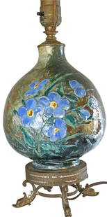 Anna Valentine for TJ Wheatley Pottery Lamp 1879: Anna Valentine for TJ Wheatley Pottery Lamp 1879, hand painted flowers and signed with magnificent glaze and color, 21 inches high, A Valentine was an important Rookwood Artist.