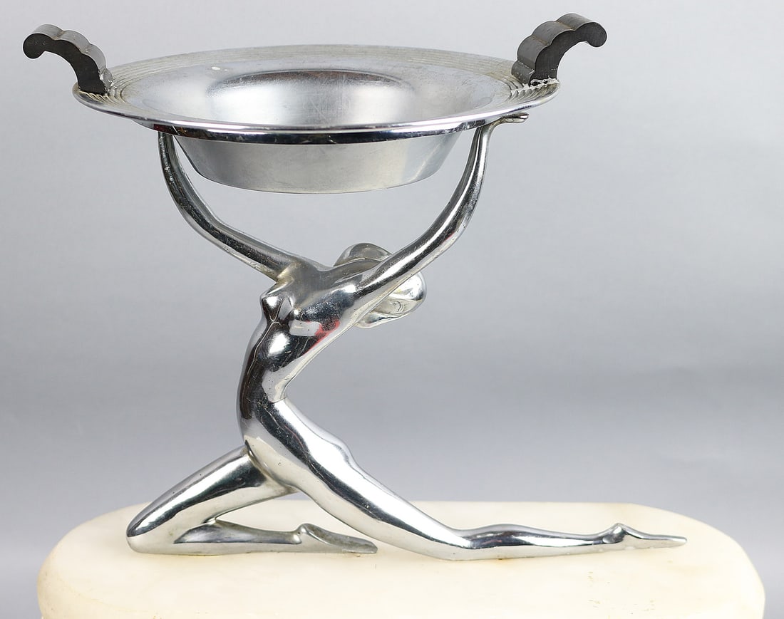 Art Deco 1930s Nude On Marble Ashtray: Art Deco 1930s Nude On Marble Ashtray, heavy chrome, 9h x 13 inches long