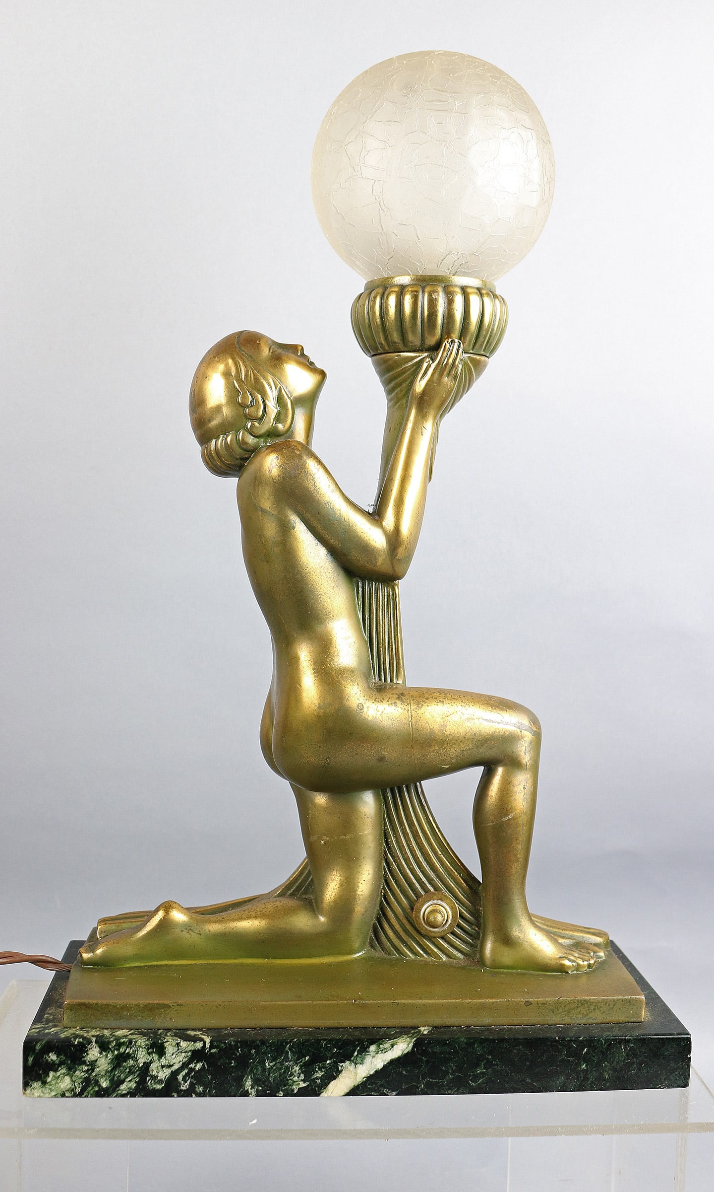Art Deco Nude Lamp w Original Crackle Globe: Art Deco Nude Lamp w Original Crackle Globe on marble, 17hx10, magnificent