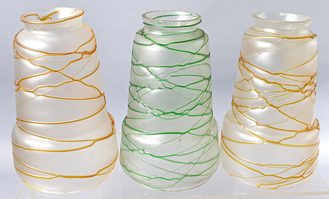 Loetz Art Glass Art Nouveau Lamp Shade Lot: Loetz Art Glass Art Nouveau Lamp Shade Lot, 6 1/2 inches long, some minor chipping on attaching ends