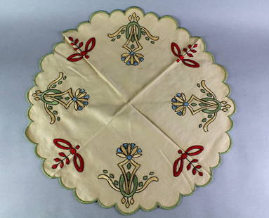 Arts & Crafts Embroidered Textile Table Top Linen: Arts & Crafts Textile Table Top Embroidered Linen for round table tabouret. Stylized original c.1910 textile. It is 24 inches in diameter.
