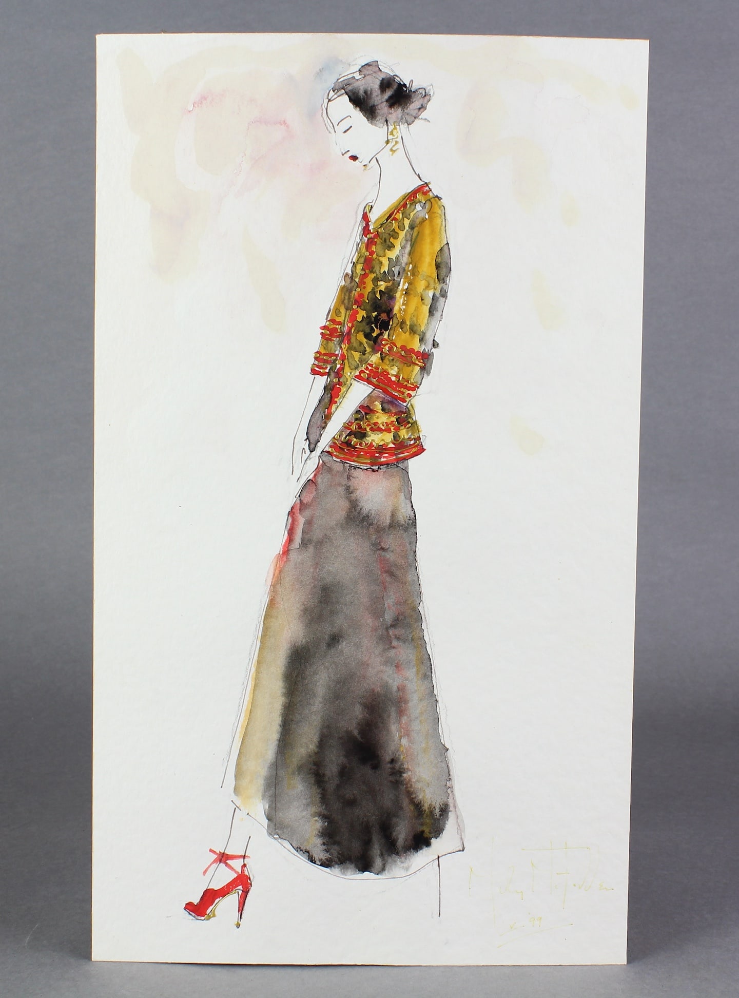 Versace Fashion Drawing Water Color: Versace Fashion Drawing Water Color. Original pen and water color with applied gold highlights. Unsigned.