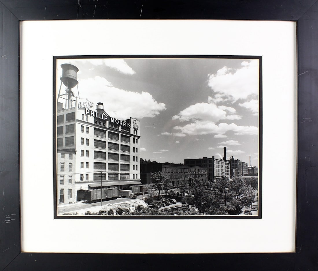 1930s Tobacco Row Philip Morris Factory Photograph: Original Philip Morris Factory Photograph Tobacco Row with the Johnny Philip Morris (Johnny Roventini) neon sign at the top- Call For Philip Morris. Richmond VA. Framed 19 x 21 inch image. Susan Bock