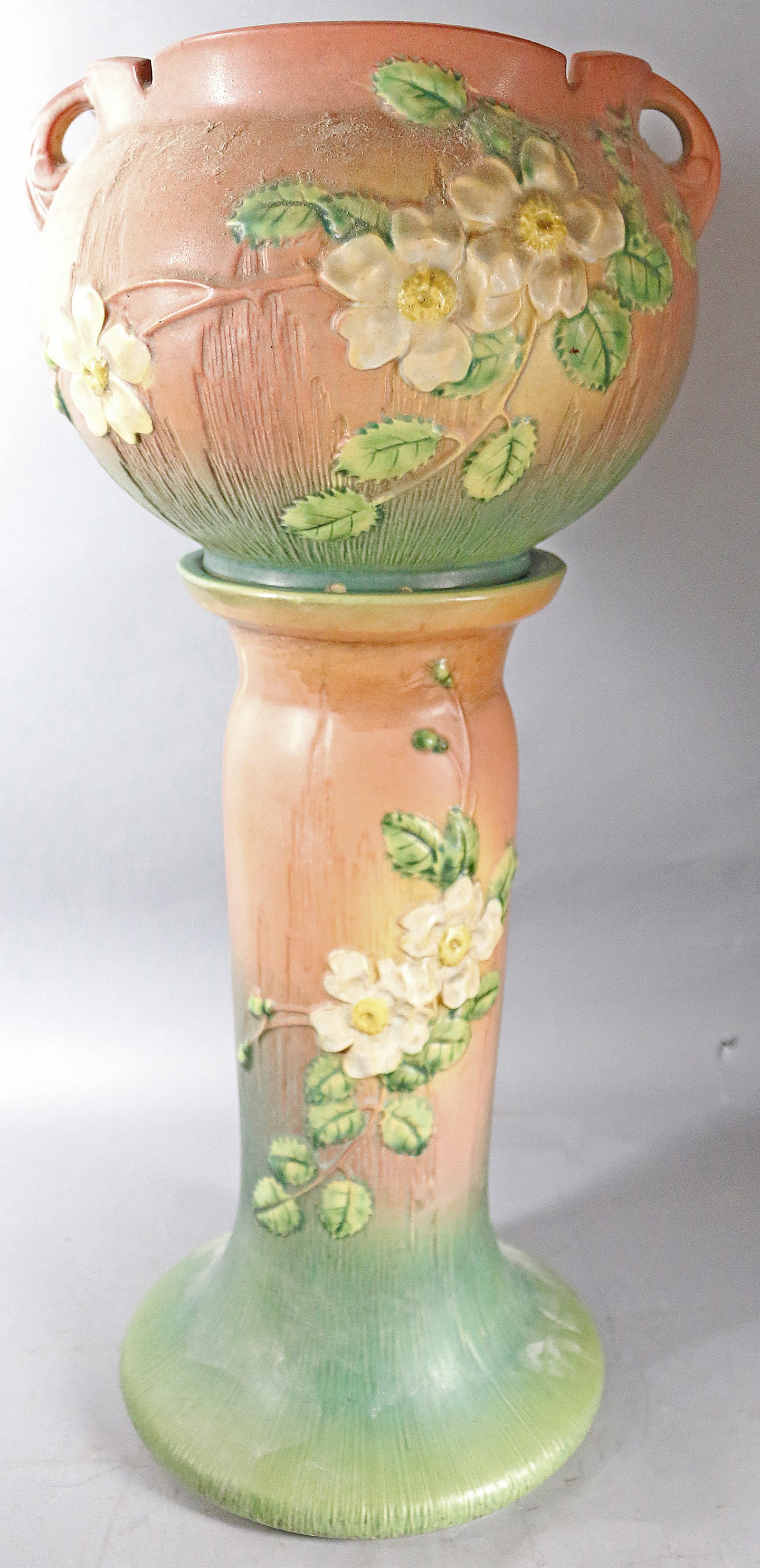 Roseville White Rose Jard and Pedestal: Roseville White Rose Jard and Pedestal, 25 inches, small chip on Jard base rim, 2 small chips on Ped base end