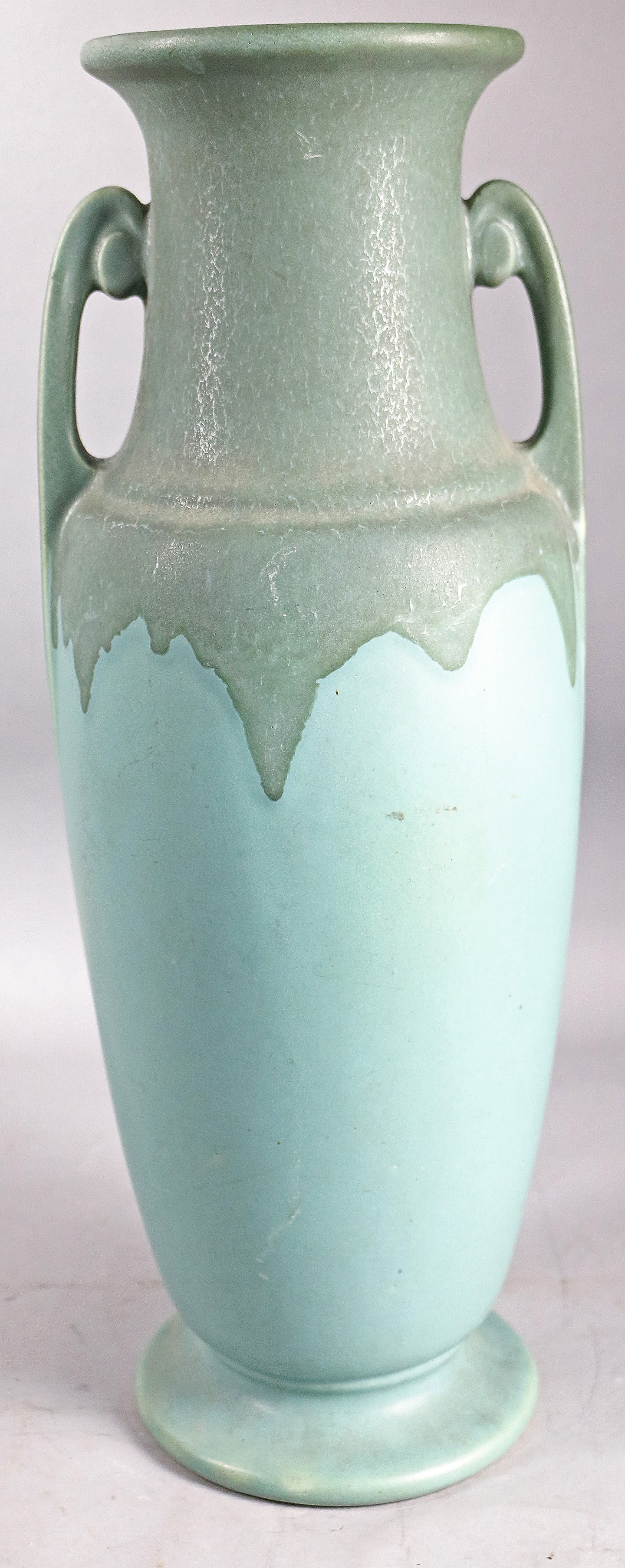 Roseville Carnelian Two Handled Vase: Roseville Carnelian Two Handled Vase, 18 inches, repaired crack on lip