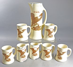 Roseville Tankard & 7 Fraternal Order Of Eagles Mug Set