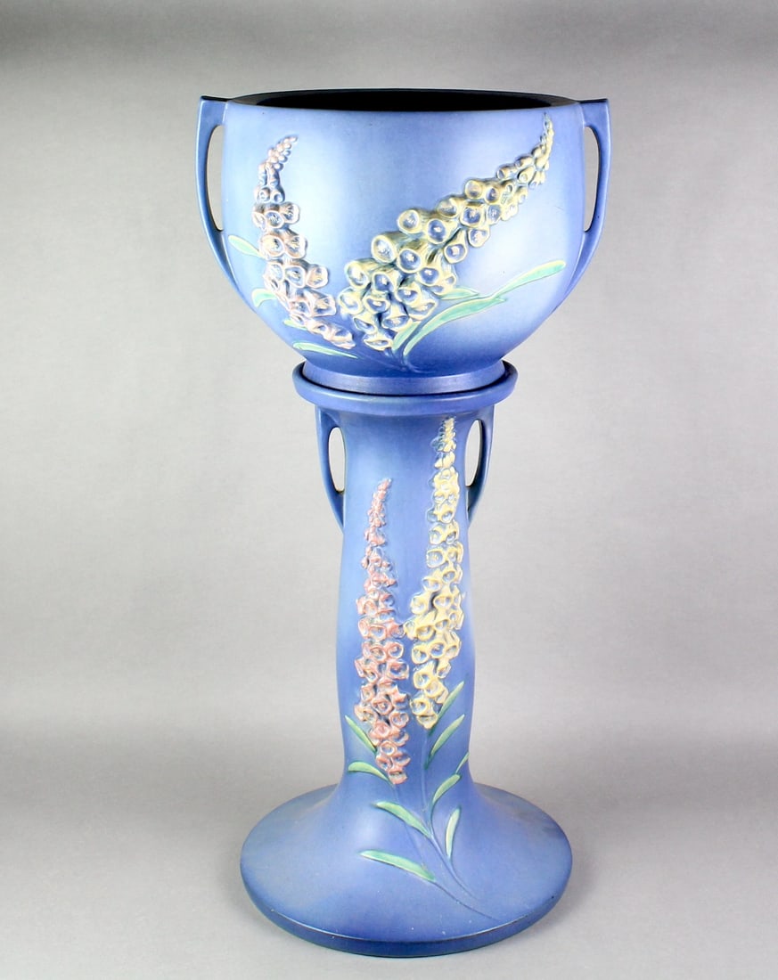 Roseville Foxglove Jardiniere and Pedestal: Roseville Foxglove Jardiniere and Pedestal. Impressive 30 inches tall, rich blue base color.