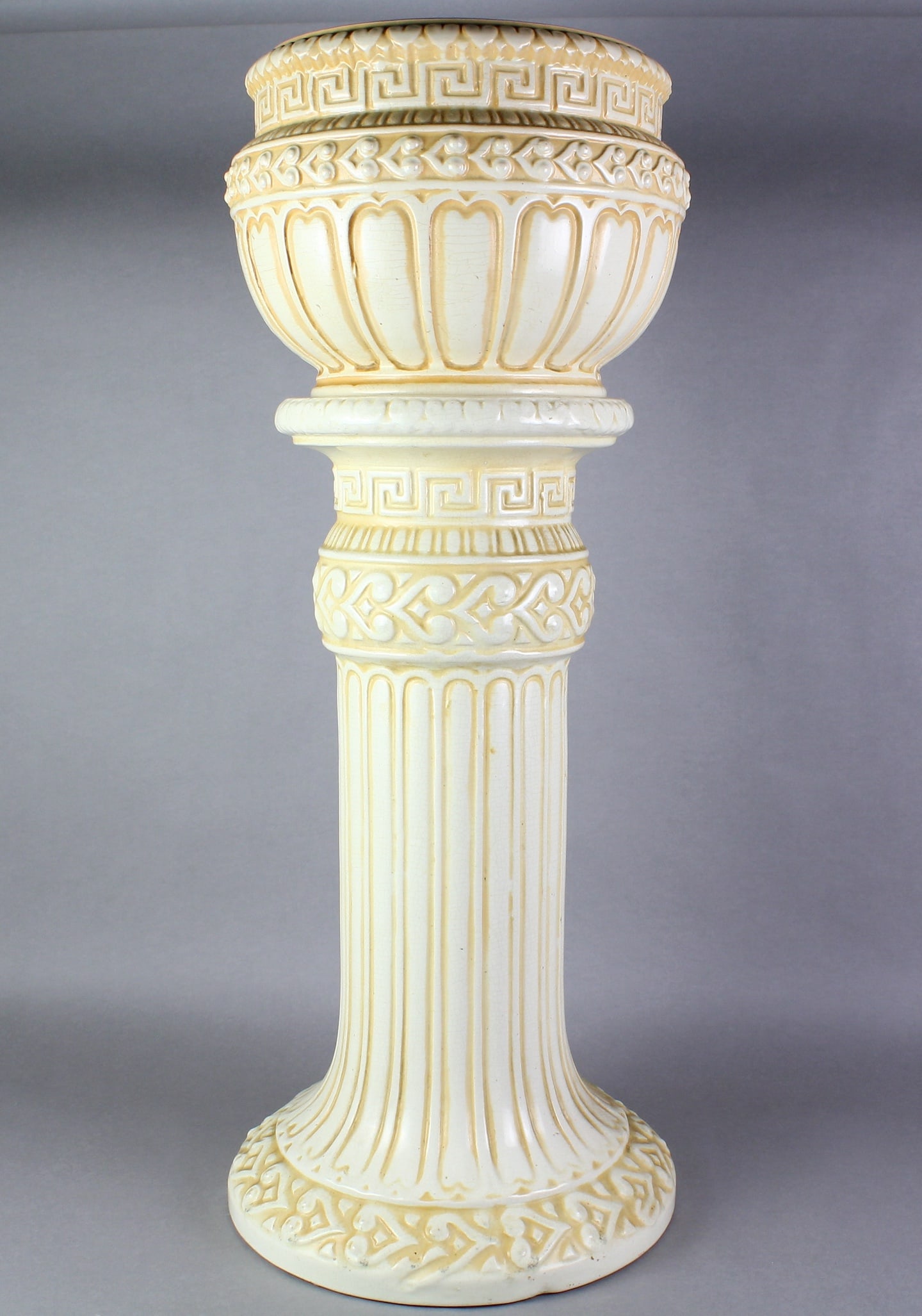 Roseville Ivory Tall Jardiniere & Pedestal: Roseville Ivory Tall Jardiniere & Pedestal. Classic pattern and hard to find 34 1/2 inches tall.