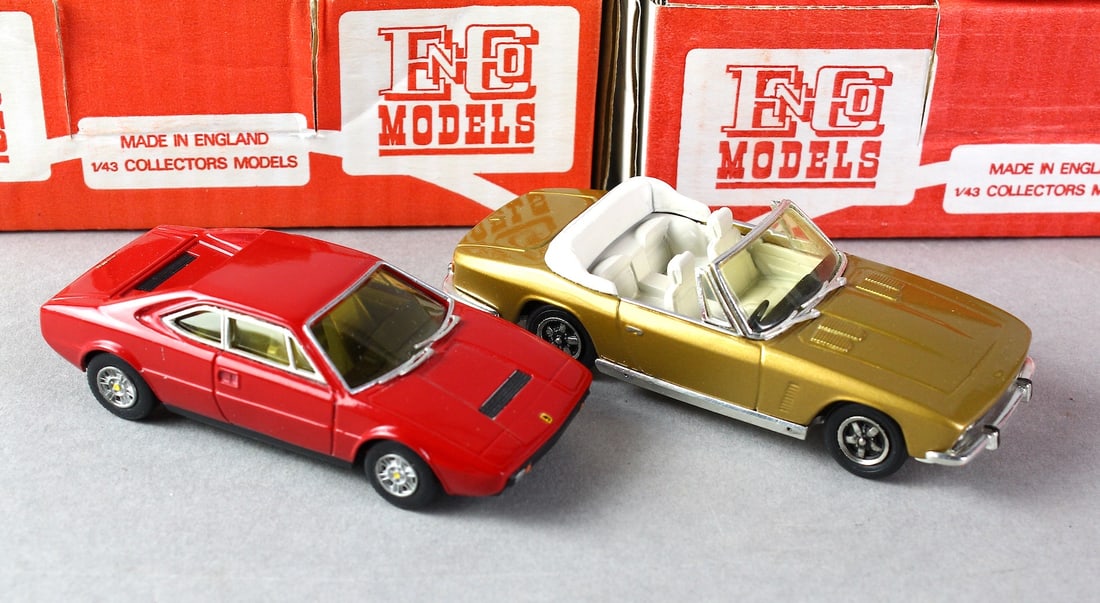 ENCO Ferrari & Jensen In Box: EnCo Ferrari 308 GT4 & Jensen Gold Convertible Made in England cars NM in Box.