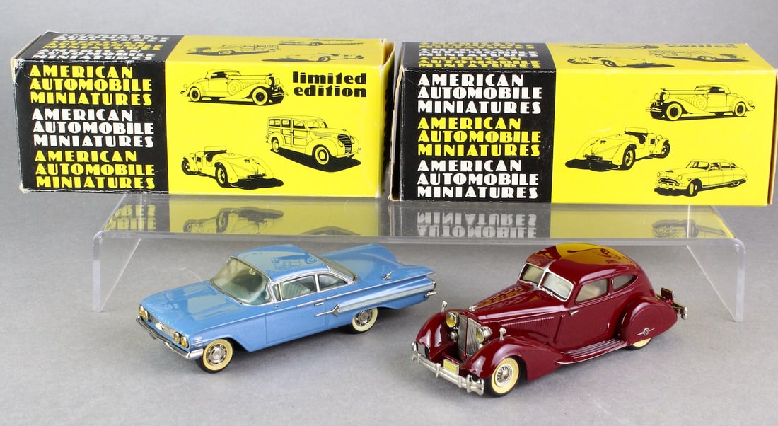 American Automobile Miniatures In Box: American Automobile Miniatures 1934 Packard Sports Coupe and 1960 Chevy Impala Sports Coupe In Box.
