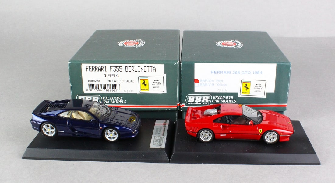 BBR 1984 & 1994 Ferrari Cars in Box: BBR 1984 288 GTO & 1994 F355 Berlinetta Ferrari Cars in Box. GTO side mirror and engine top loose.