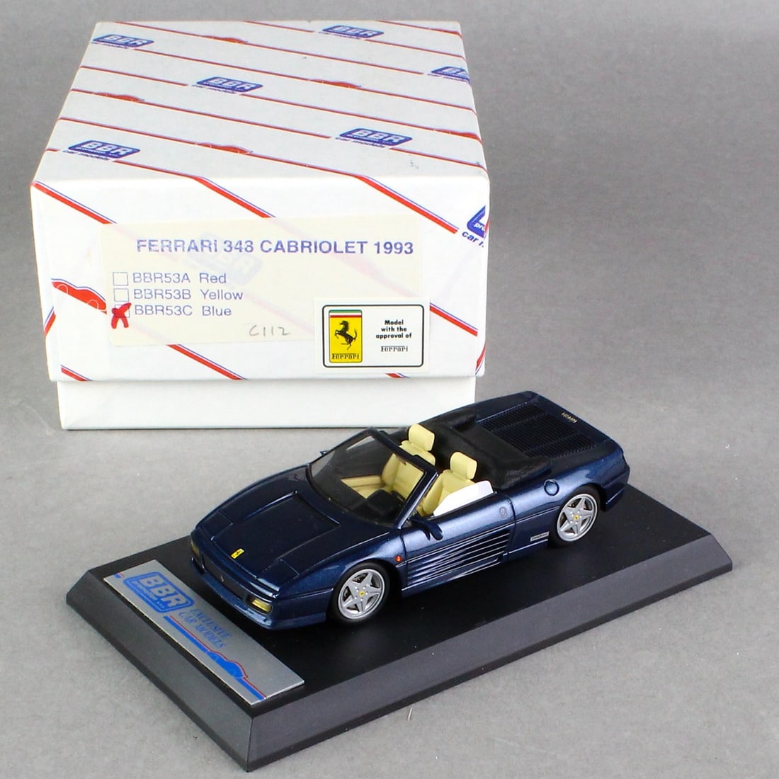 BBR Ferrari 343 Cabriolet in Box: BBR 1993 Ferrari 343 Cabriolet in Box. Metallic blue.