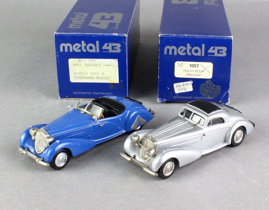 Metal 43 Cars in Box: Metal 43 Cars in Box. Horch 853 Erdmann Rossi #1067, Horch 853 Manuela in box.