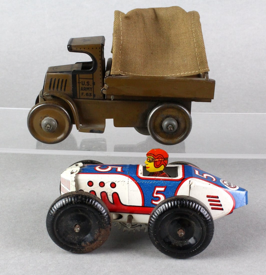 Marx Tin Racer & Mack Army Truck Wind Ups: Marx Tin Race Car & Mack Army Truck Wind Ups, longest 5 1/2 inches.