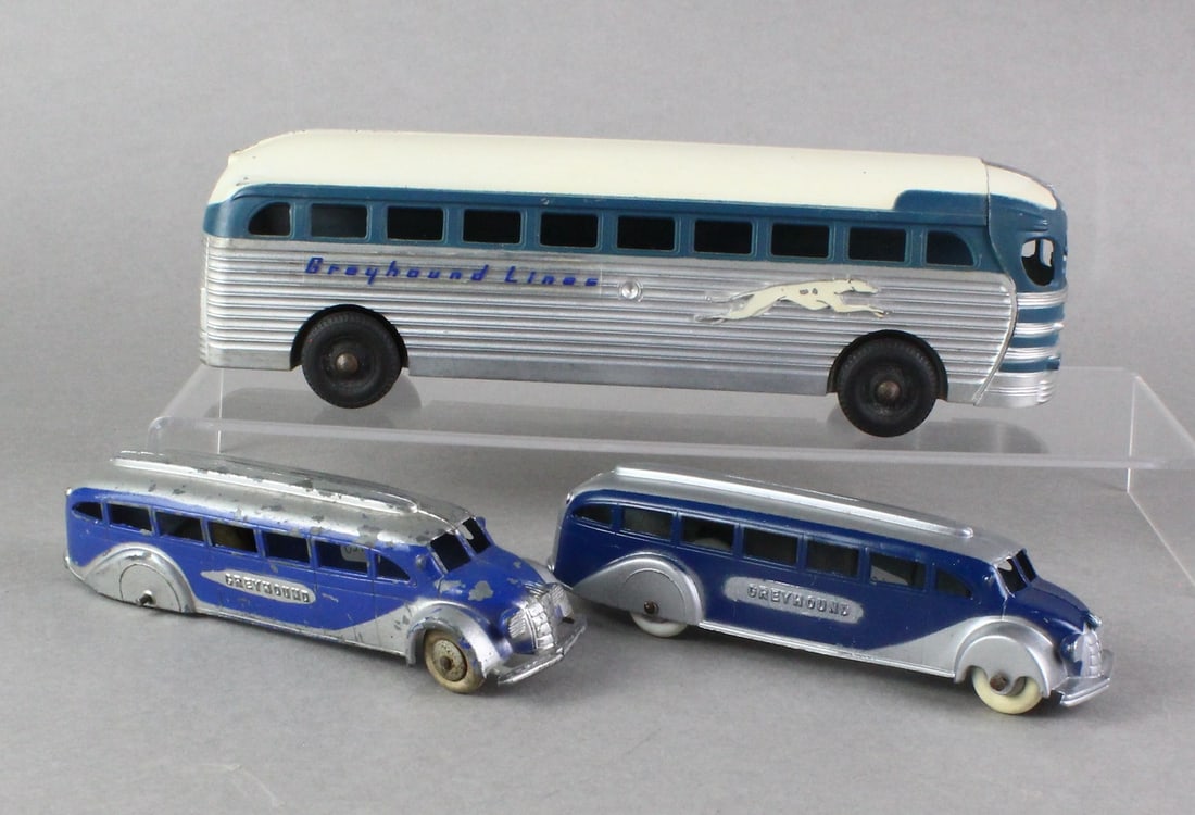 Tootsie Toys Greyhound Buses: Tootsie Toys Greyhound Buses, longest 9 inches.