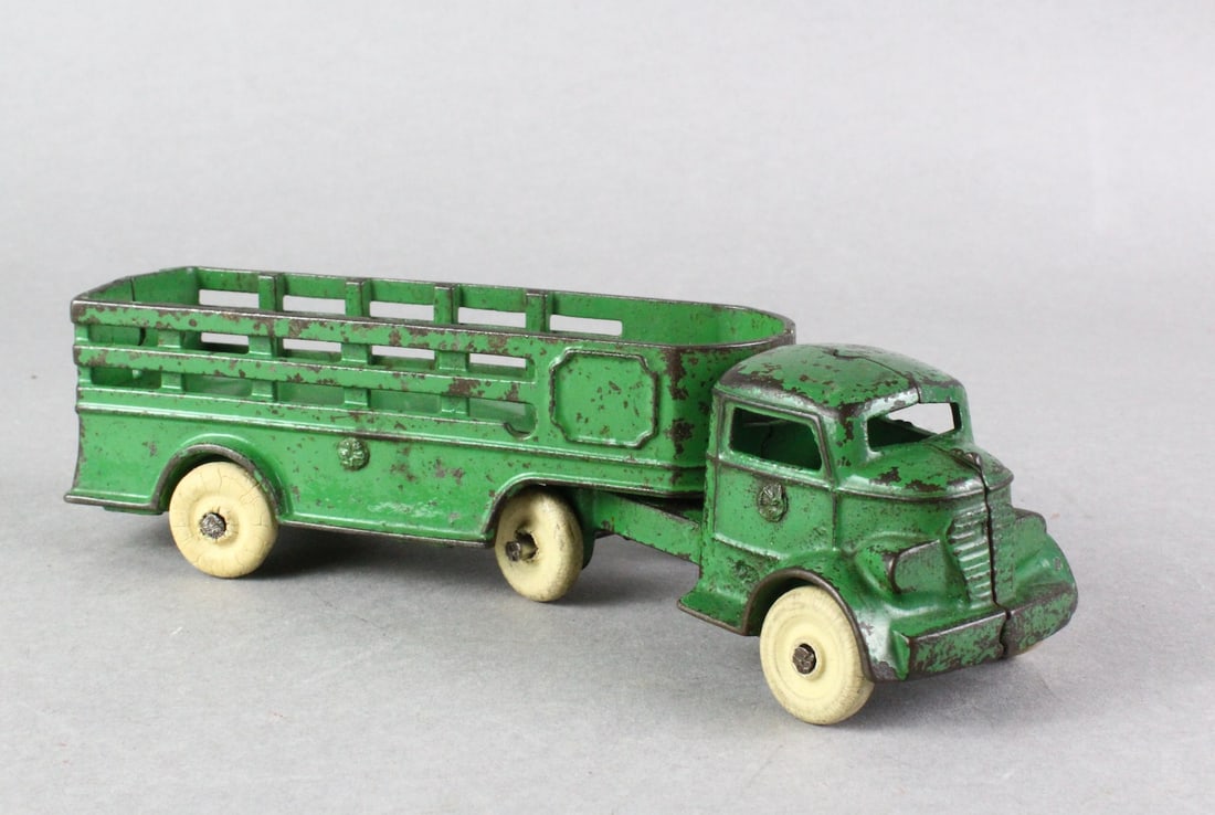 Kenton Cast Iron Long Stake Truck & Trailer: Kenton Cast Iron Stake Truck & Trailer, original paint 8 1/4 inches.