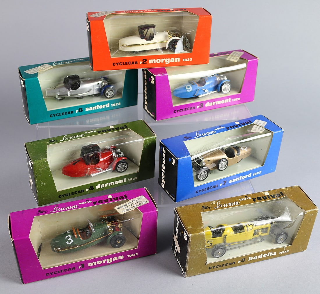 Diecast 1920s Cyclecar Lot of 7 In Box: Diecast Cyclecar Lot including, Sanford, Morgan, Darmont, Bedella in box