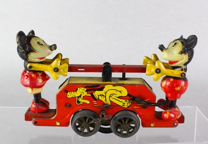 1930s Wells Tin Wind Mickey & Minnie Mouse Handcar