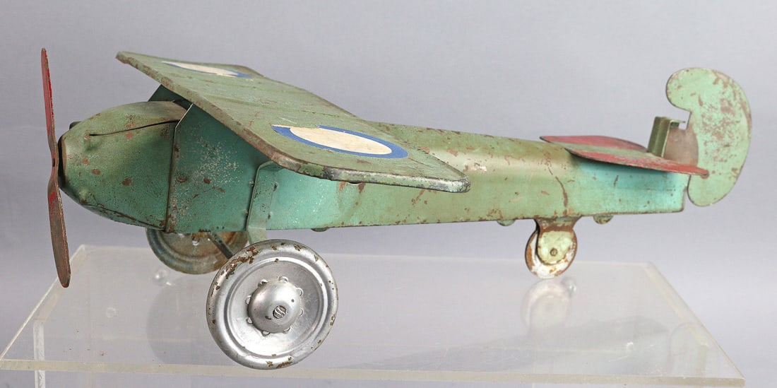 1930s Pressed Steel Monoplane Airplane: 1930s Pressed Steel Monoplane Airplane, 14". Girard, Marx, Wyandotte?