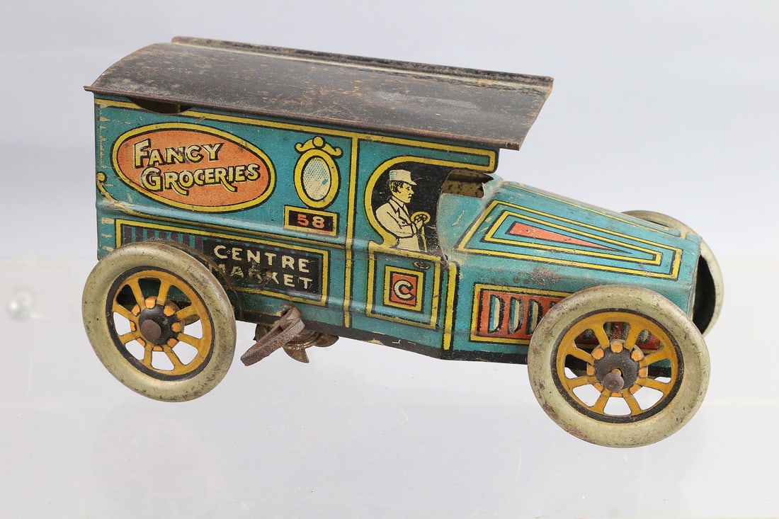 J. Chein Fancy Grocery Truck: J. Chein Fancy Grocery Truck, tin litho, wind up, 6"