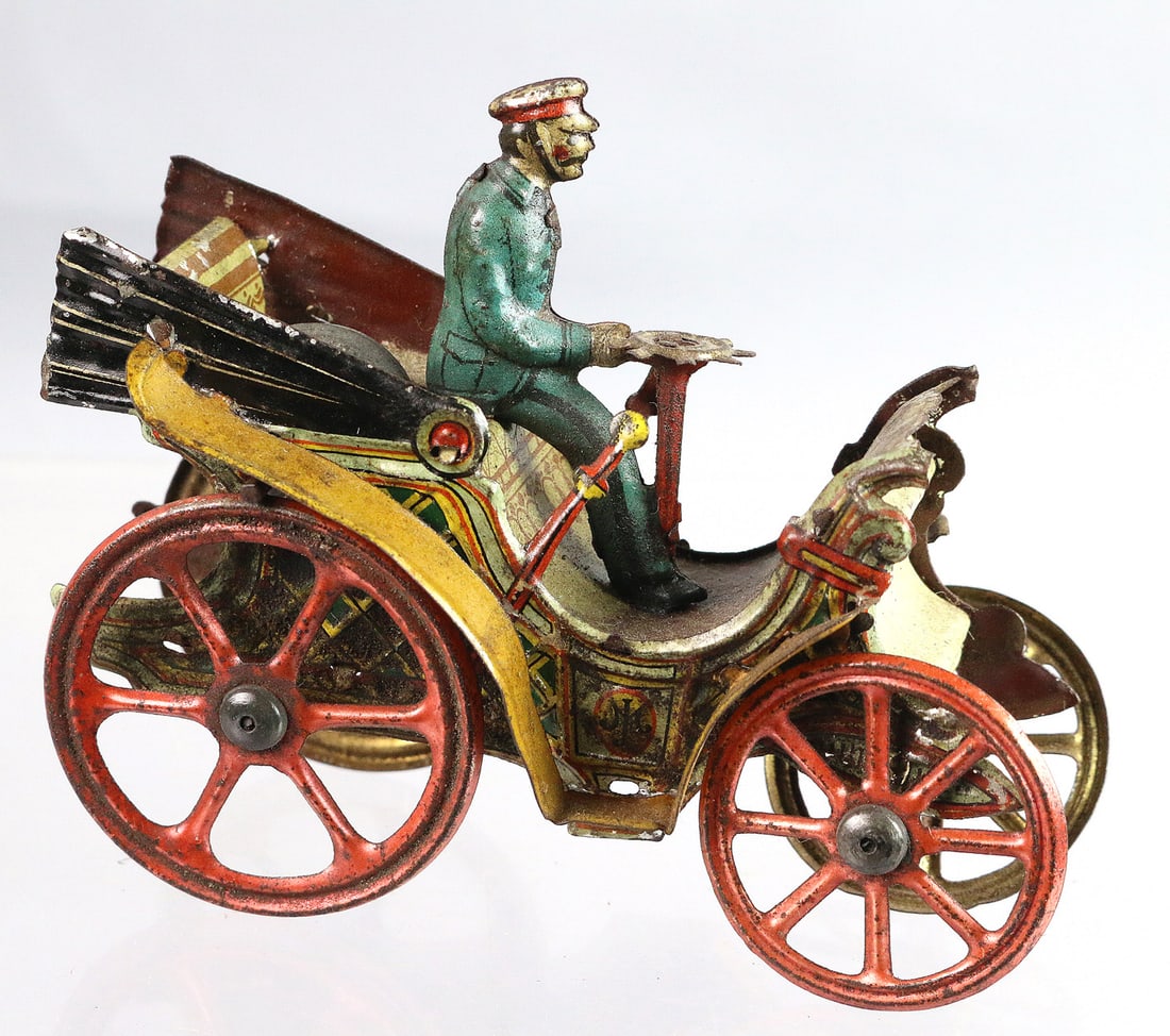 Meier German Penny Toy Flywheel Tin Litho Auto: German Penny Toy Flywheel Tin Litho Auto, 4" early