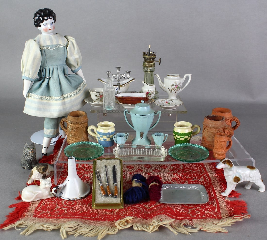 Porcelain Doll & Accessories: Porcelain Doll & Accessories. Doll appears to be French, some German pottery and French Doll House accessories.