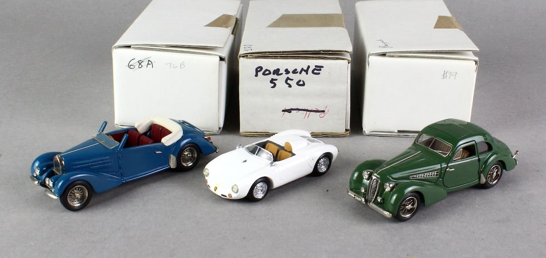 MA Collection Cars in Box Incl. Porsche: MA Collection Cars in Box Incl. Porsche 550, Peugeot, and convertible with loose windscreen.