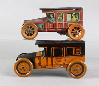 1918 Early J. Chein Tin Yellow Cab and Limousine with Passengers