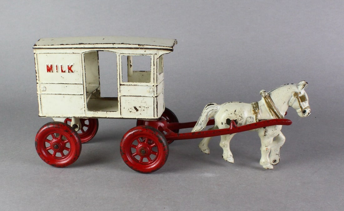 Kenton Cast Iron Milk Wagon Horse Drawn: Kenton Cast Iron Milk Wagon Horse Drawn, 13 1/2 inches long.