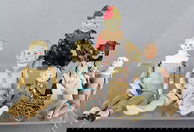 1900-1950s Doll Group Bisque, Porcelain: Bisque and Porcelain dolls, Celluloid Clown, Plastic Doll in Spanish Dress. Longest 8 1/2 inches.