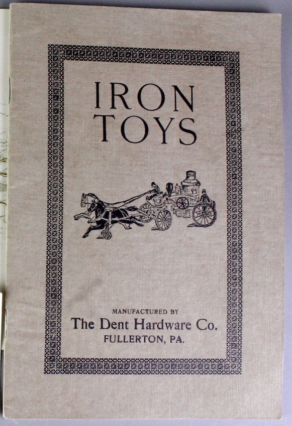 1915 Dent Cast Iron Toys Catalog, Wilkins Toy Factory, Toy Store Photo: Original c.1915-1920 Dent Hardware of Fullerton PA Cast Iron Toys Catalog. Bound catalog of all the toys offered for retail sale and to the trade. Sepia photograph of the Wilkins Toy Company building,
