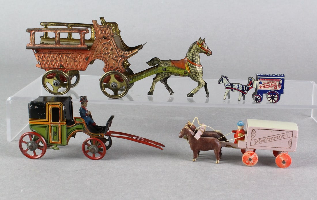 German Penny Toys, Cracker Jack Tin Toy, Erzgebirge Wagon: German Penny Toys & Cracker Jack Tin Toy. German penny toy carriage, Fischer Carriage, Erzgebirge Wood Delivery Wagon, and Horse Drawn Cracker Jack Tin Toy Carriage- "The More You Eat, The More You Wa