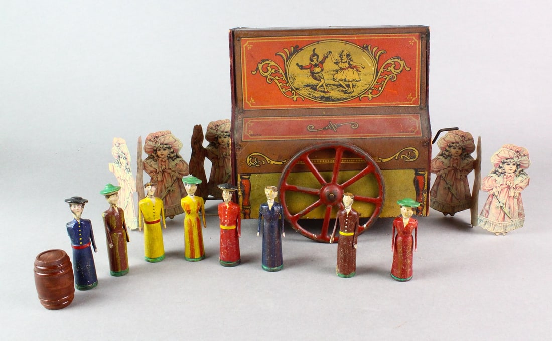 1900s Converse Calliope Organ, Erzgebirge Figures: Scarce 1900s Converse Tin Calliope Organ, German Erzgebirge Woman Figures. Figures look like period suffragettes. Organ is nearly 8 inches tall.