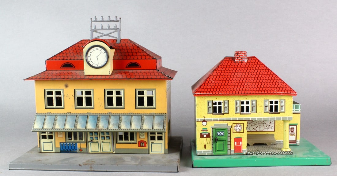 US Zone German Tin Train Stations: US Zone German Tin Train Stations, widest 9 1/2 inches.