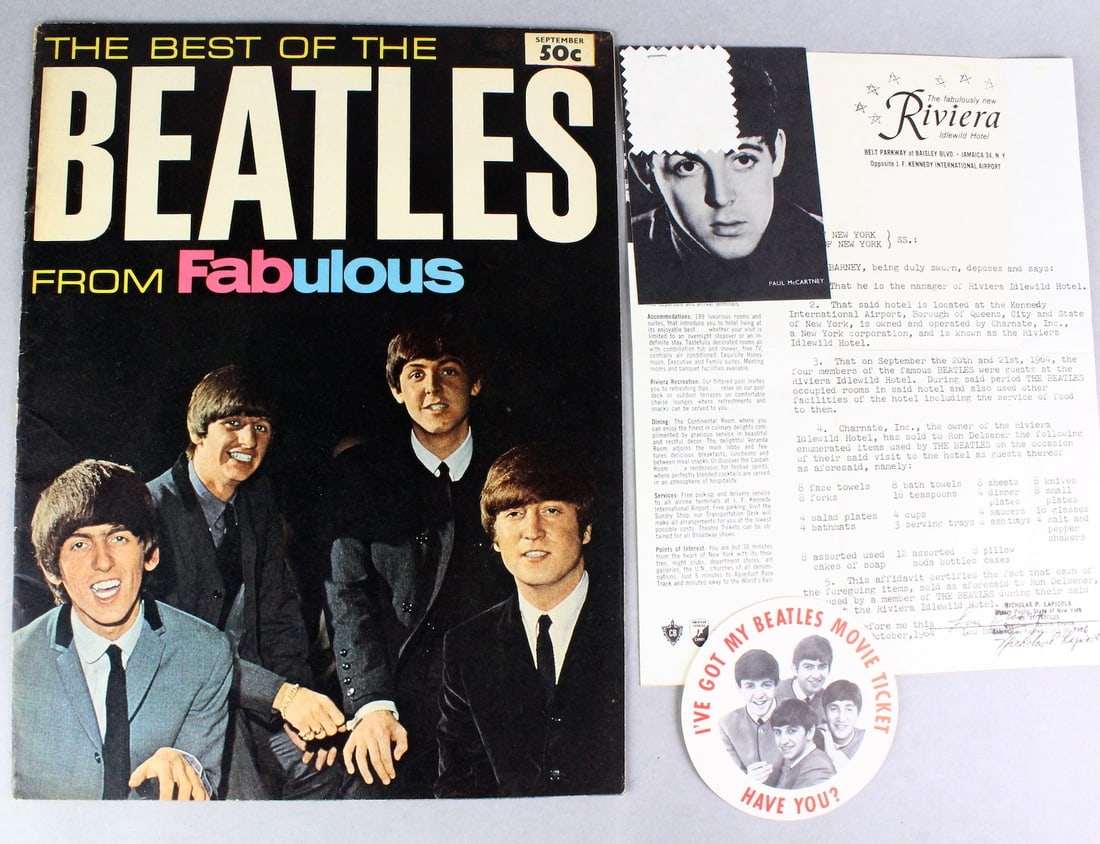 Beatles Group- Hotel Sheet, Movie Ticket, Fabulous Fanzine: 1960s Vintage original Beatles Collection. Riviera Hotel certified Hotel Sheet Piece that the Beatles Slept on, Movie Ticket promotion for Hard Days Night, The Best of the Beatles from Fabulous Fanzin
