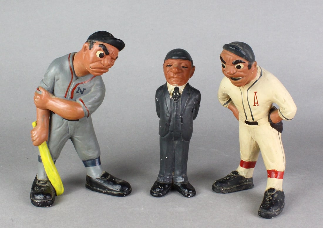 1940s Baseball Players& Ump Comic Rittgers Figures: 1941 Lafayette Rittgers caricature baseball players and umpire set. The grimacing players of the National and American League get ready to explode while the umpire maintains his disinterested composur