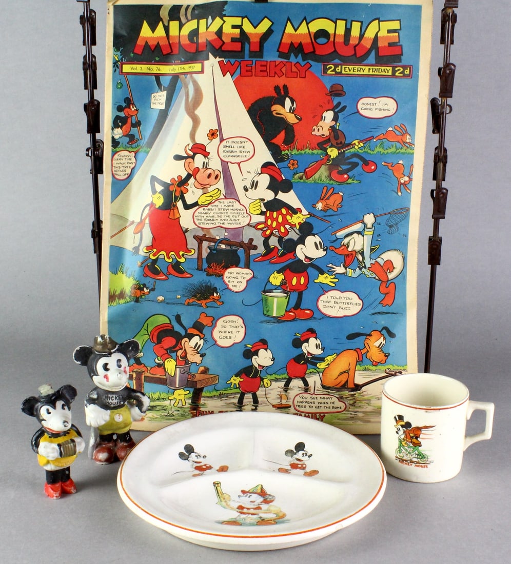 1930s Mickey & Minnie Mouse Lot: Original Mickey and Minnie Mouse bisque figures, child's plate & cup and 1937 Mickey Mouse Weekly color comics magazine. Cup has great graphics of Mickey on a Bicycle and the plate has Mickey the Fire