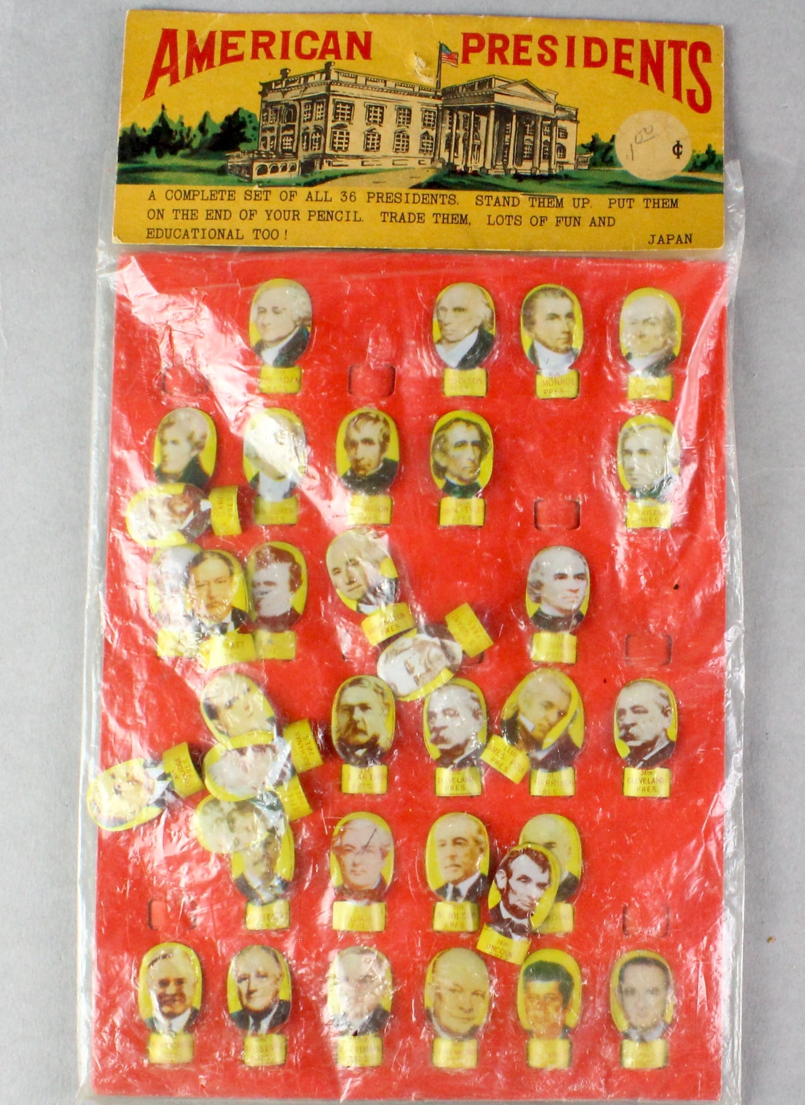 Japan Tin Dime Store Presidents in Bag: 1960s Japan one dollar American Presidents 36 tin litho display pieces from George Washington to Lyndon Johnson. All there, some have slid off the board but can be put back.